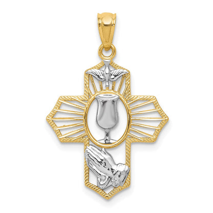 and Rhodium Communion Cross with Dove and Praying Hands Pendant - WBC