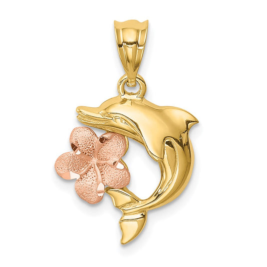Two-tone Brushed and Polished Diamond-cut Plumeria with Dolphin Pendant - WBC