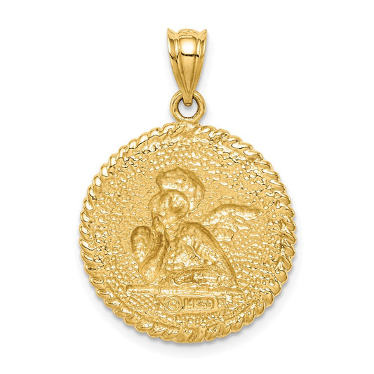 14K Gold Brushed Angel Round Pendant