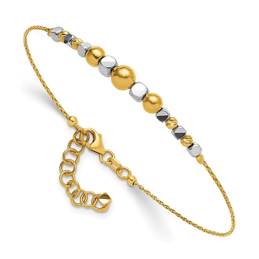 Two-Tone Polished Diamond-cut Round and Square Beaded Bracelet with Extension - WBC