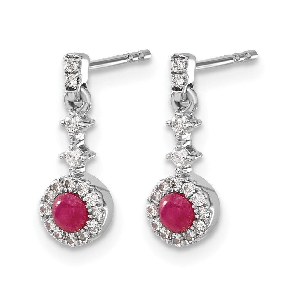 Round Ruby Cabochon and Diamond Halo Dangle Post Earrings - WBC