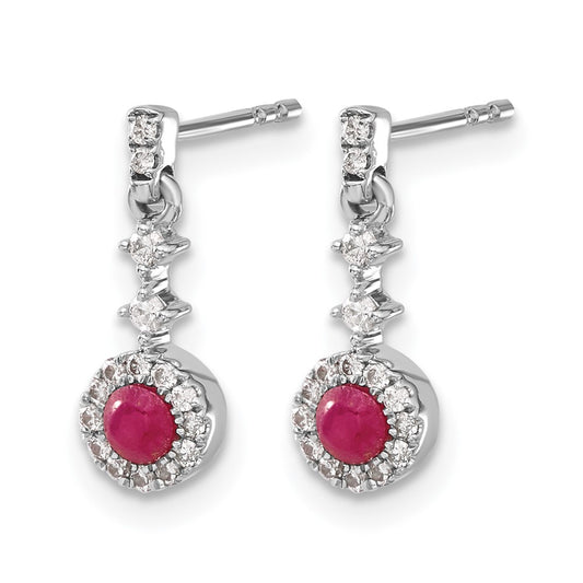 Round Ruby Cabochon and Diamond Halo Dangle Post Earrings - WBC