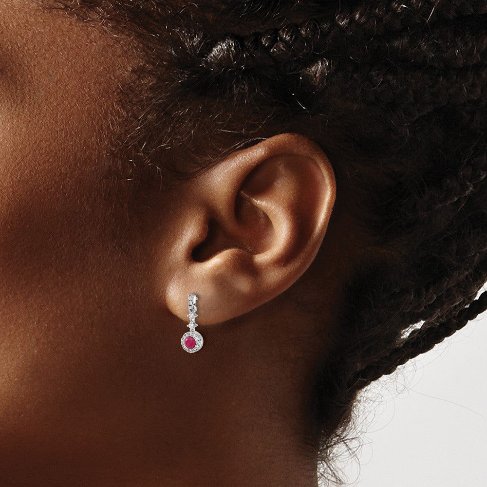 Round Ruby Cabochon and Diamond Halo Dangle Post Earrings - WBC
