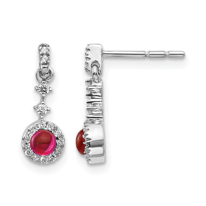 Round Ruby Cabochon and Diamond Halo Dangle Post Earrings - WBC