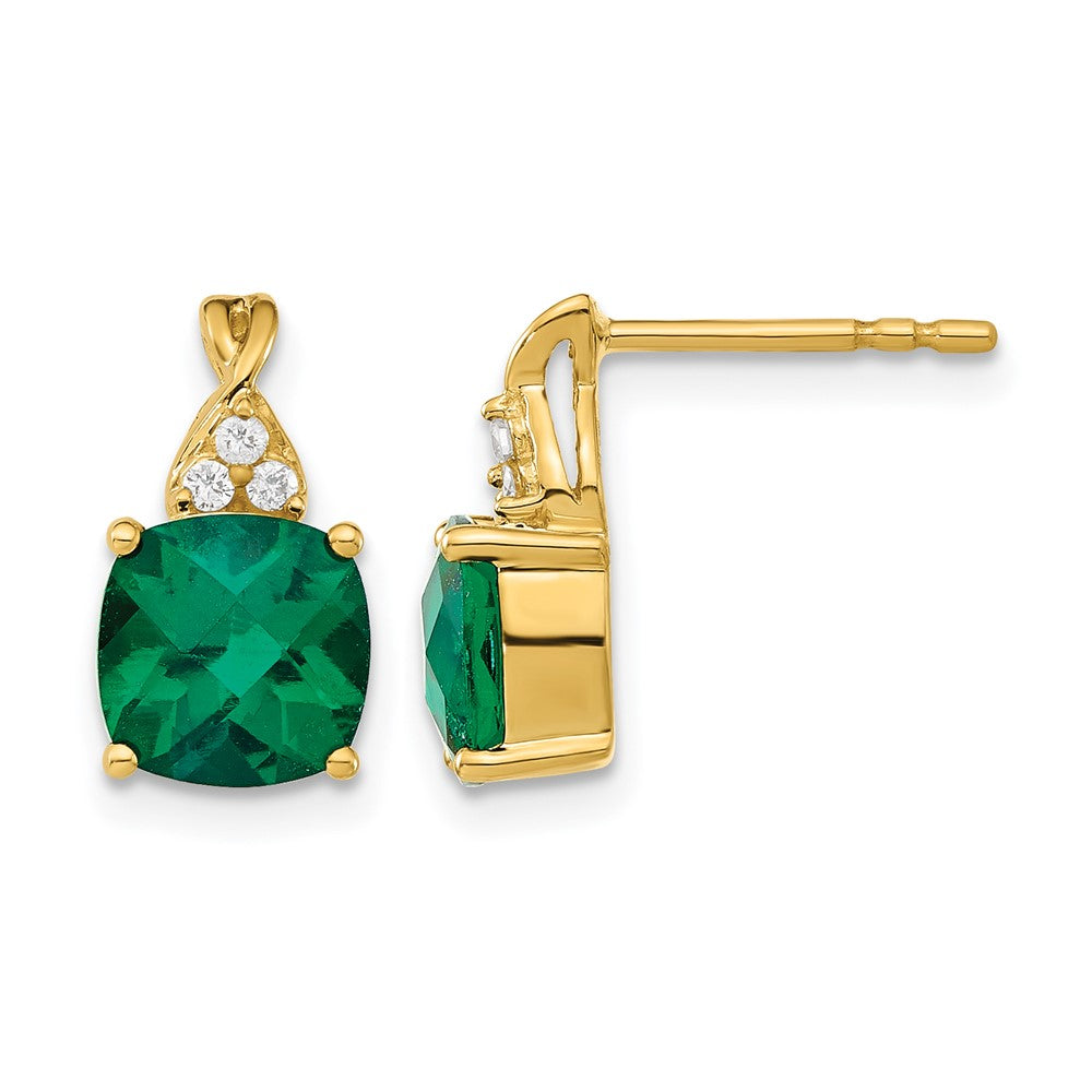 Cushion Checkerboard May/ Lab-Created Emerald and Diamond Post Earrings - WBC