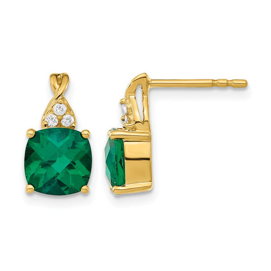 Cushion Checkerboard May/ Lab-Created Emerald and Diamond Post Earrings - WBC