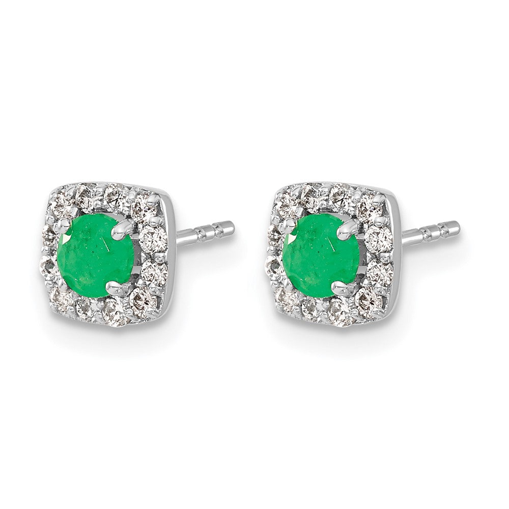Round Emerald and Diamond Square Halo Post Earrings - WBC