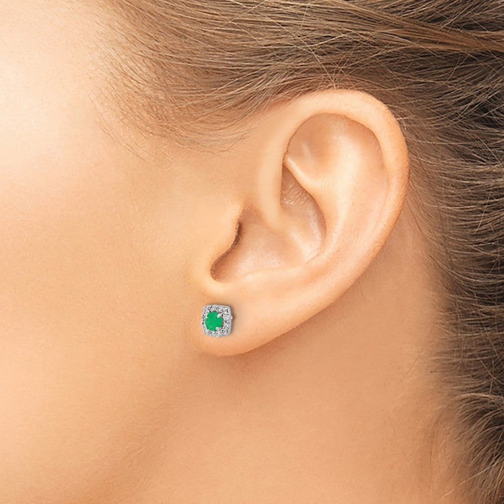 Round Emerald and Diamond Square Halo Post Earrings - WBC