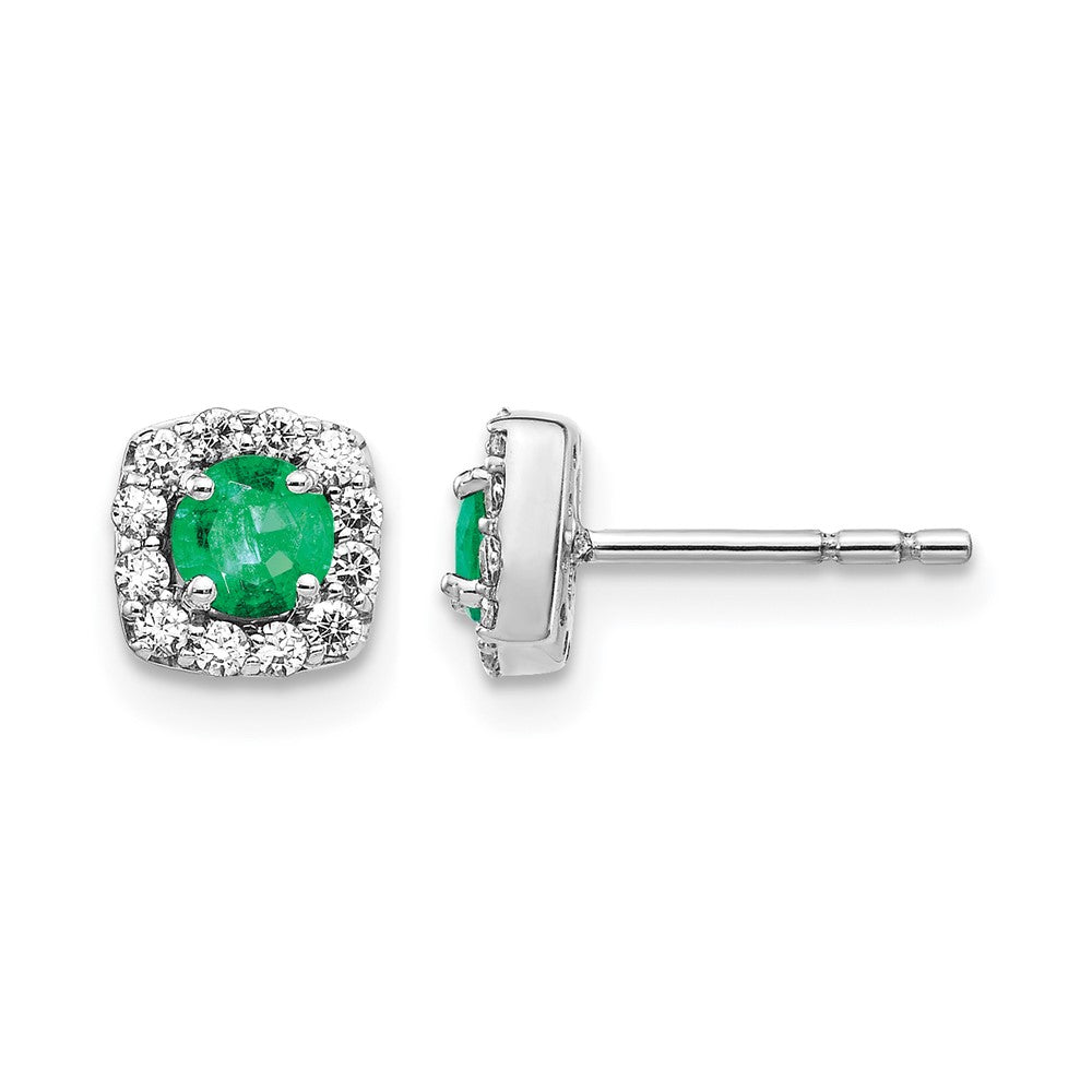 Round Emerald and Diamond Square Halo Post Earrings - WBC