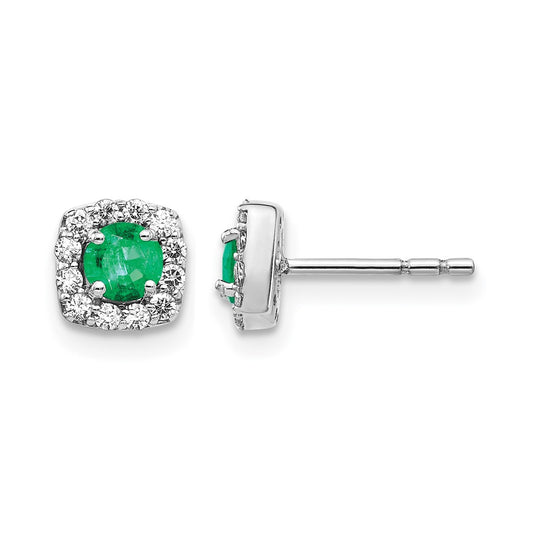 Round Emerald and Diamond Square Halo Post Earrings - WBC