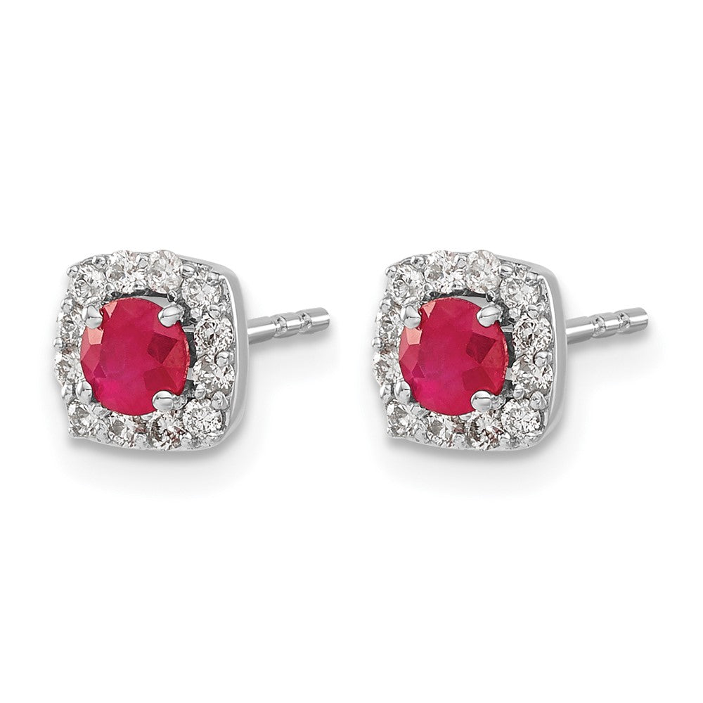 Round Ruby and Diamond Square Halo Post Earrings - WBC