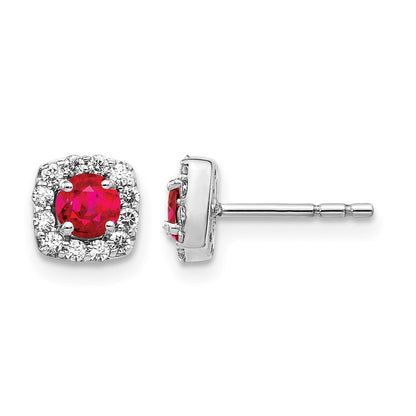 Round Ruby and Diamond Square Halo Post Earrings - WBC