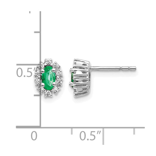 14K White Gold Clover Oval Emerald & Diamond Halo Stud Earrings, 6mm