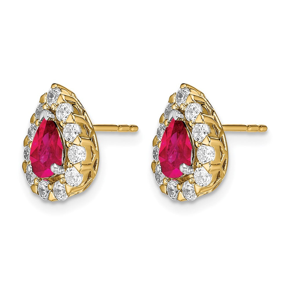 Pear Ruby and 3/4 carat Diamond Halo Post Earrings - WBC