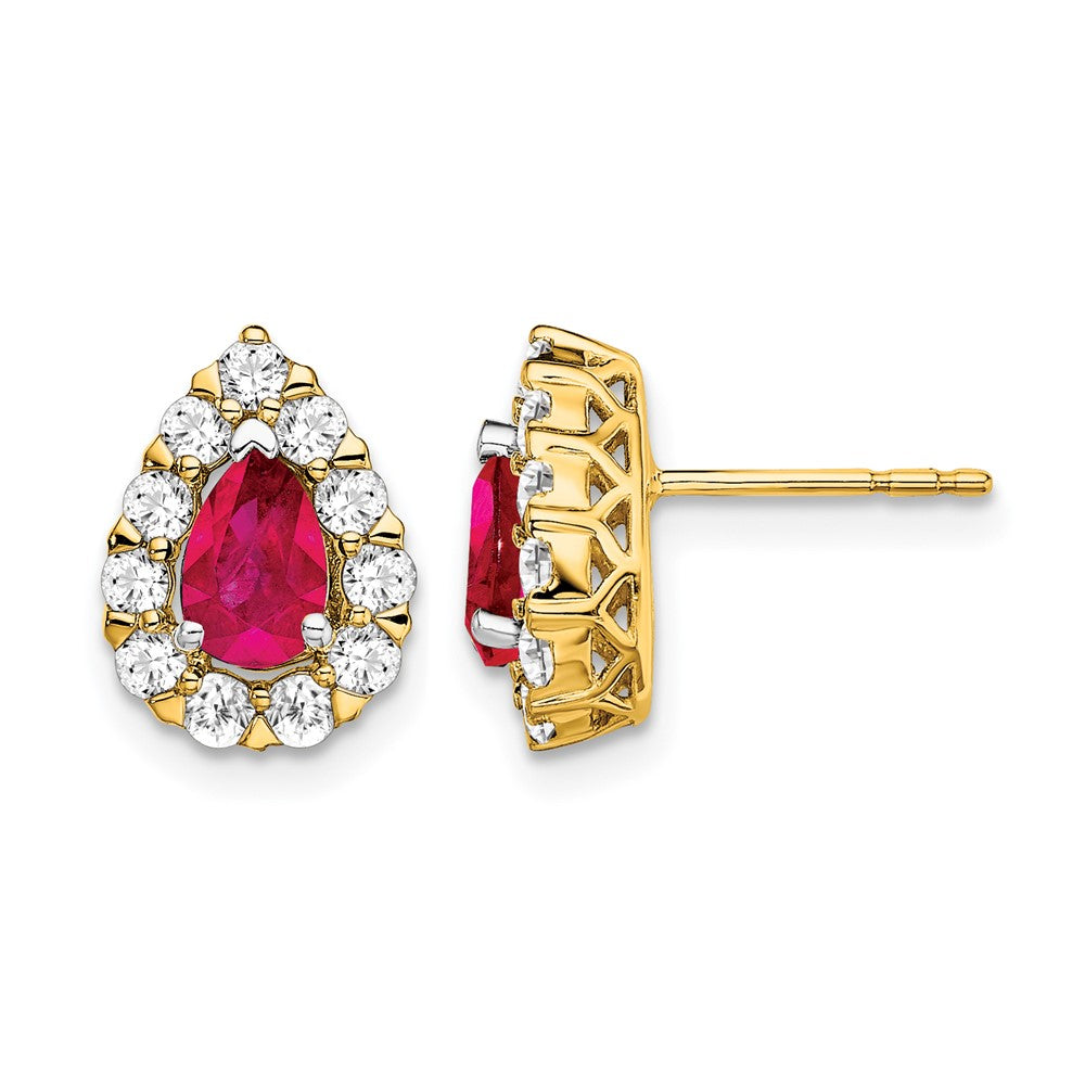 Pear Ruby and 3/4 carat Diamond Halo Post Earrings - WBC