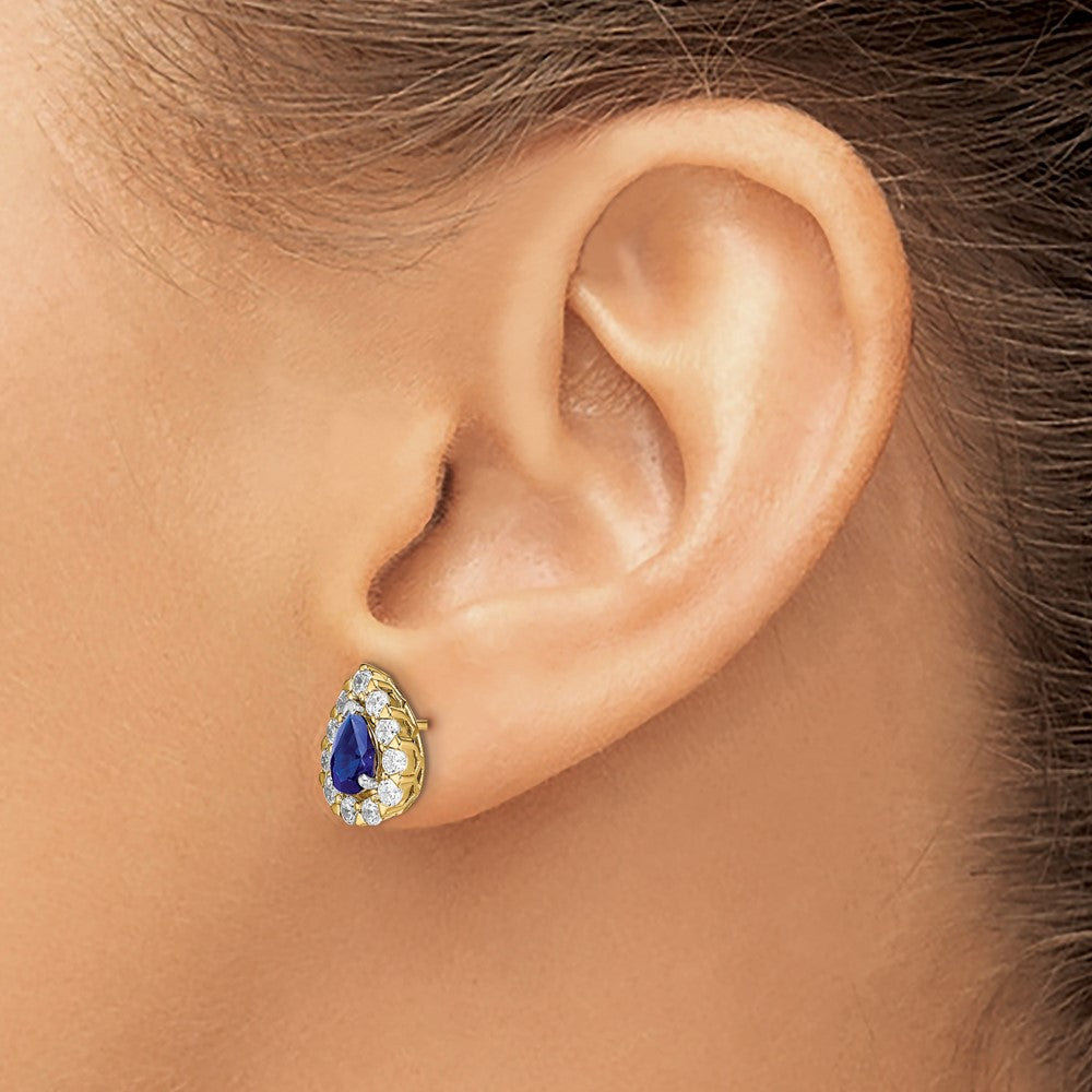 Pear Sapphire and 3/4 carat Diamond Halo Post Earrings - WBC