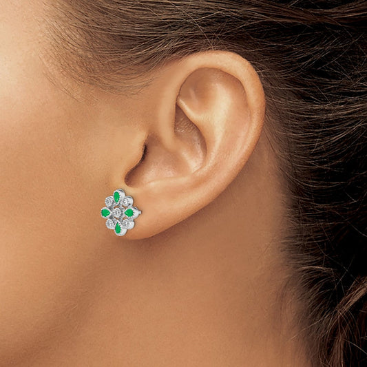 Iris 14K White Gold Emerald & Diamond Floral Stud Earrings, 11.9mm
