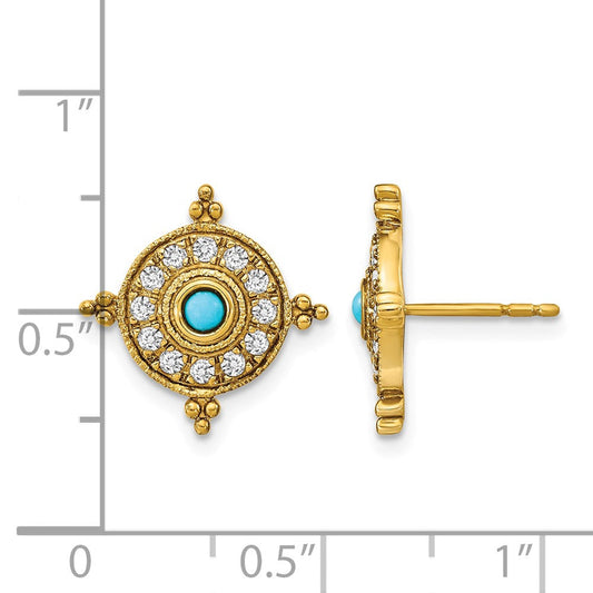 14K Gold Turquoise & Topaz Shield Stud Earrings, 14.5mm