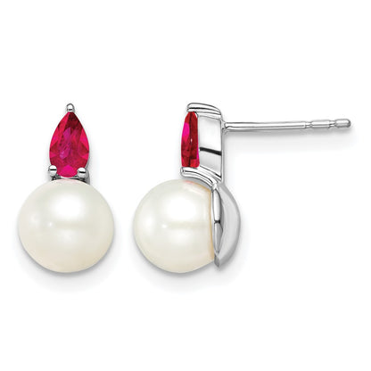 6- Round Freshwater Cultured Pearl and .60RU Pear Ruby Post Earrings - WBC