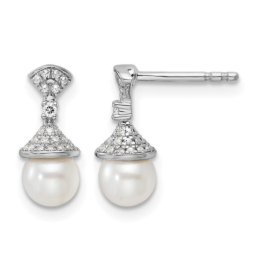 Polished 1/8 carat Diamond and Freshwater Cultured Pearl Drop Post Earrings - WBC