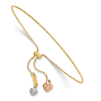 Tri-color Diamond-cut Heart Dangles Half Bangle Adjustable Bracelet - WBC