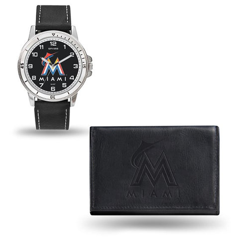 MLB Miami Marlins Black Leatherette Strap Quartz Watch and Black Leather Wallet Set by Rico Industries