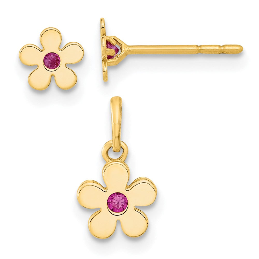 Madi K Polished CZ Flower Post Earrings and Flower Pendant Childrens Set - WBC