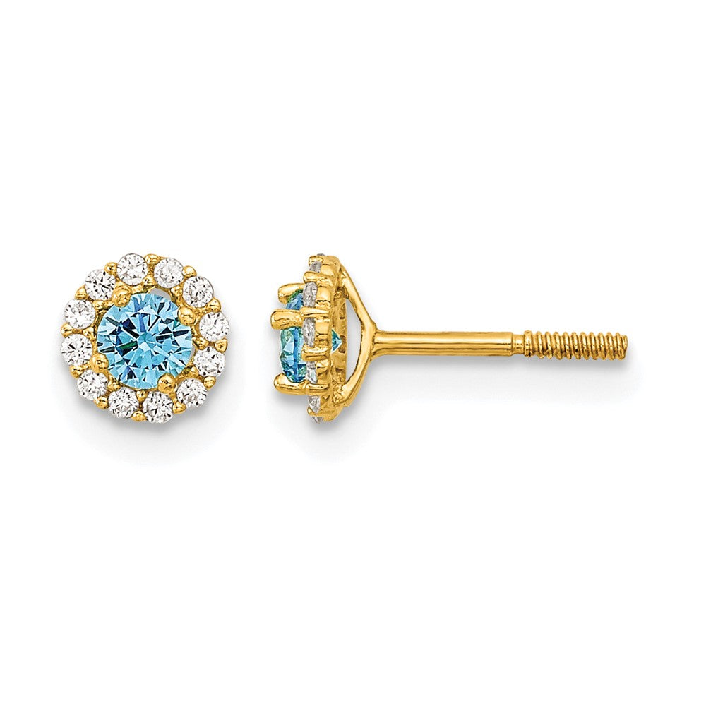 Madi K Polished Round Blue and Clear CZ Halo Screwback Post Earrings - WBC