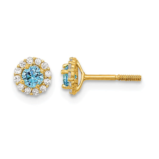 Madi K Polished Round Blue and Clear CZ Halo Screwback Post Earrings - WBC