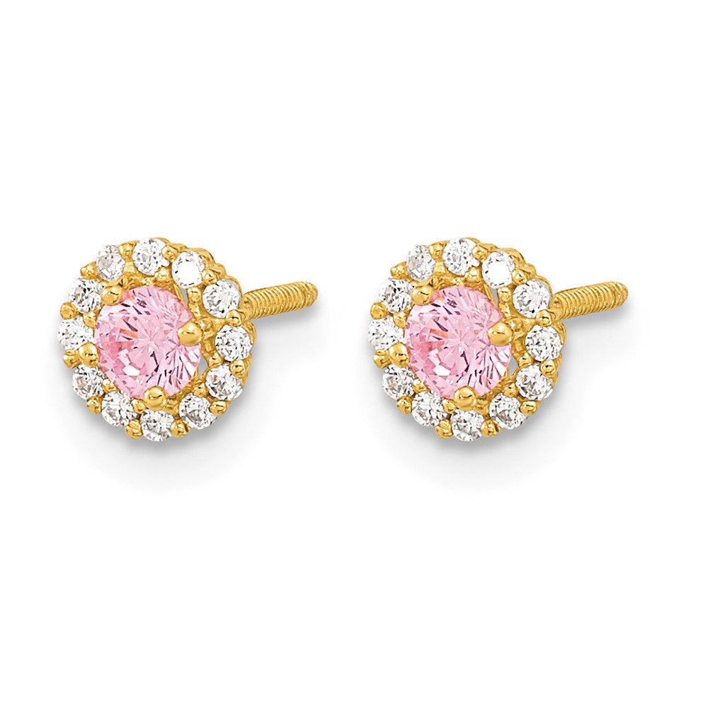 Madi K Polished Round Pink and Clear CZ Halo Screwback Post Earrings - WBC
