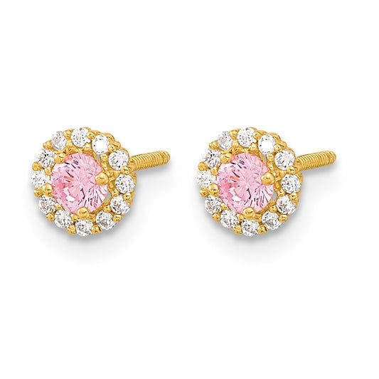 Madi K Polished Round Pink and Clear CZ Halo Screwback Post Earrings - WBC