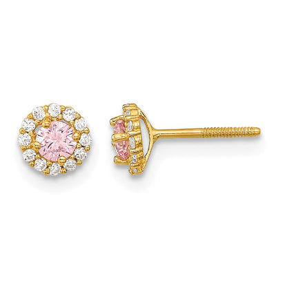 Madi K Polished Round Pink and Clear CZ Halo Screwback Post Earrings - WBC