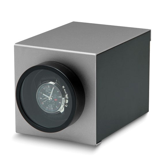 Rotations Grey Aluminum and Wooden Velveteen Lined 1-Watch Winder (AC or Batteries)