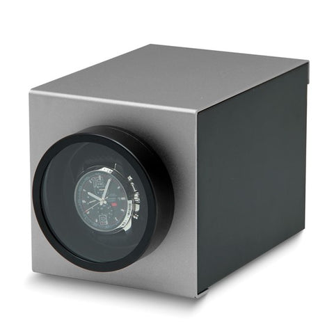 Rotations Grey Aluminum and Wooden Velveteen Lined 1-Watch Winder (AC or Batteries)