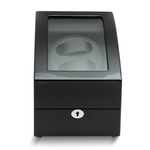 Rotations High Gloss Black Finish Acrylic Lid Faux Leather Lined Locking Wooden 2-Watch Winder (AC or Batteries)
