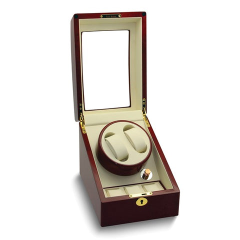 Rotations High Gloss Red Burlwood Finish Acrylic Lid Faux Leather Lined Locking Wooden 2-Watch Winder (AC or Batteries)
