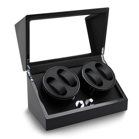 Rotations High Gloss Black Finish with Acrylic Window Velveteen Lined Wood Composite 4-Watch Winder (AC Powered)