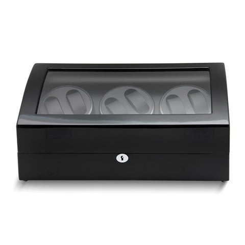 Rotations High Gloss Black Finish with Acrylic Window Faux Leather Lined Locking Wooden 6-Watch Winder with 6-Watch Storage Area (AC Powered)