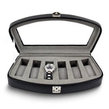 Black Leather Glass Lid Pigskin Lined Locking 6-Watch Case