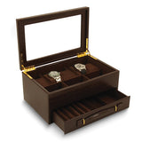 "Brown Croco Textured Leather Glass Lid 1-Drawer 5-Watch, Pen, and Jewelry Box"