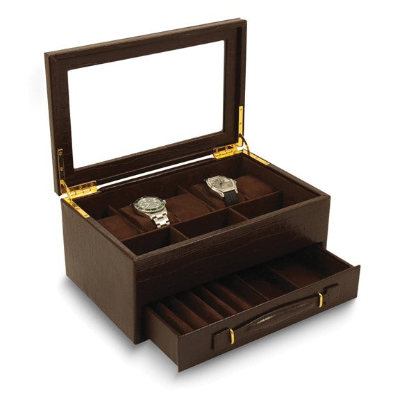"Brown Croco Textured Leather Glass Lid 1-Drawer 5-Watch, Pen, and Jewelry Box"
