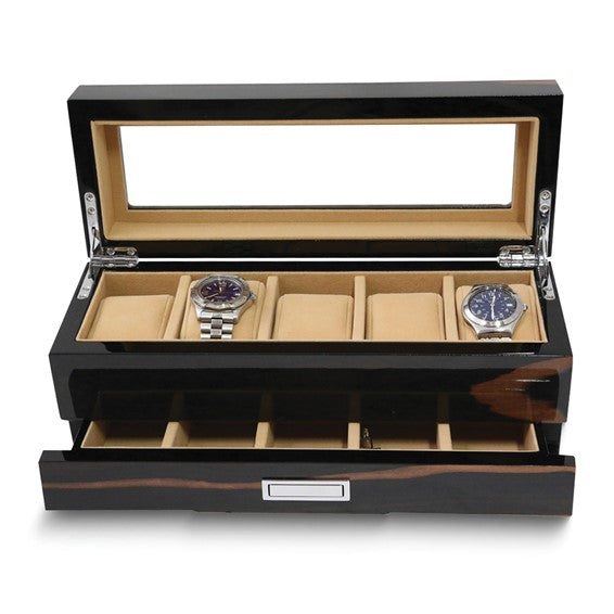 High Gloss Lacquered Ebony Finish Glass Lid 1-Drawer Velour Lined Wooden 5-Watch Box