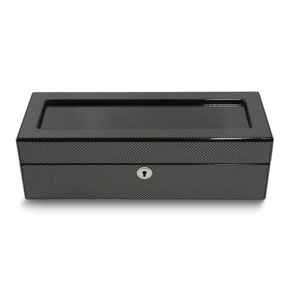 High Gloss Lacquered Steel Grey Carbon Fiber Finish Glass Lid Velour Lined Locking 5-Watch Case