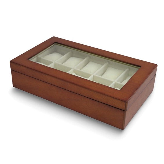 Matte Cherry Finish Glass Lid Velour Lined Wooden 10-Watch Case