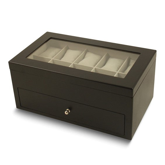 Matte Black Finish Glass Lid 1-Drawer Velour Lined Wooden 20-Watch Box