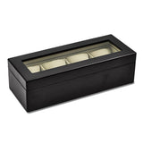 Matte Black Finish Glass Lid Velour Lined Wooden 4-Watch Case