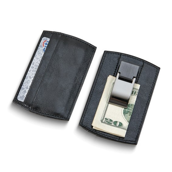 Black Faux Leather Card Case with Money Clip