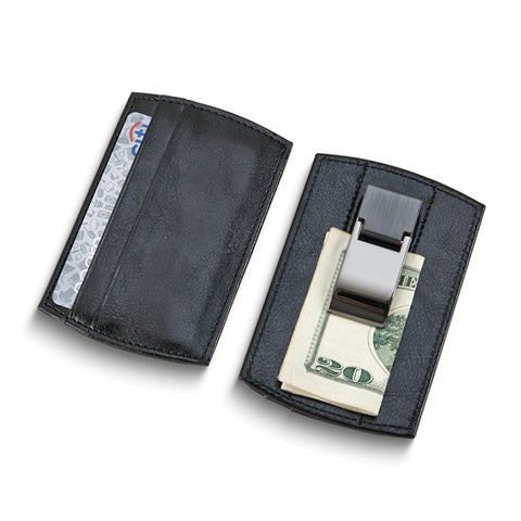 Black Faux Leather Card Case with Money Clip