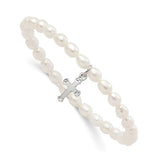 Sterling Silver Polished Cross and 4-5mm White Rice Shape Freshwater Cultured Pearl 40mm Stretch Bracelet with Pink Gift Pouch
