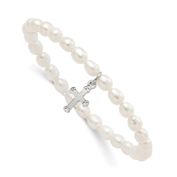 Sterling Silver Polished Cross and 4-5mm White Rice Shape Freshwater Cultured Pearl 40mm Stretch Bracelet with Pink Gift Pouch